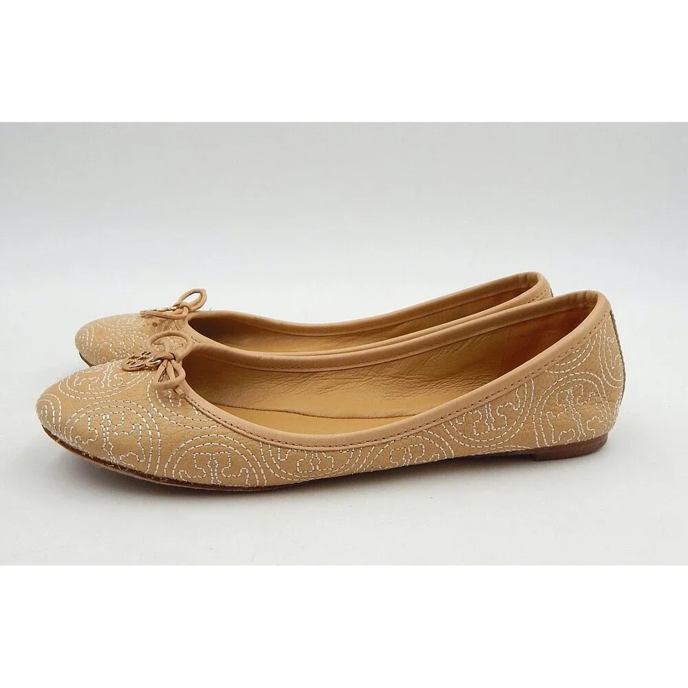 Tory Burch Women's Chelsea Stitched Logo Ballet Flats Iced Coffee Size 7.5